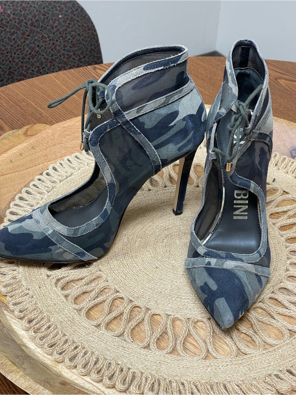 Gianni Bini Camouflage Pointed-Toe Lace-Up Stiletto Heels - Olive/Black/Gray